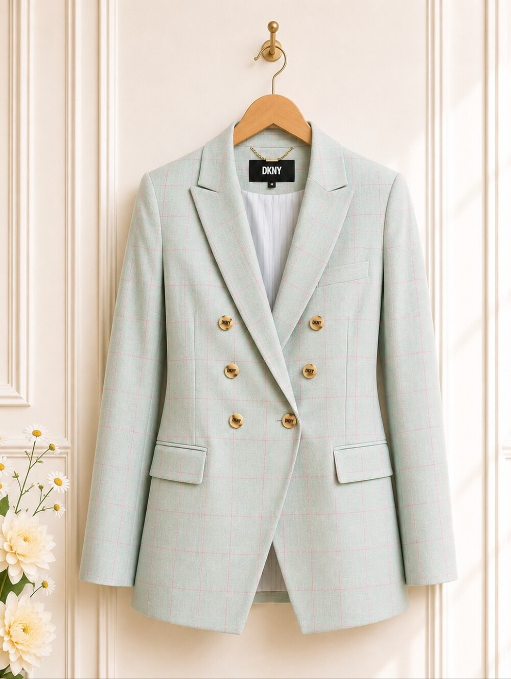 DKNY Mint Green Windowpane Double-Breasted Blazer | Gold Logo Buttons | Size 10 - Picture 7 of 10